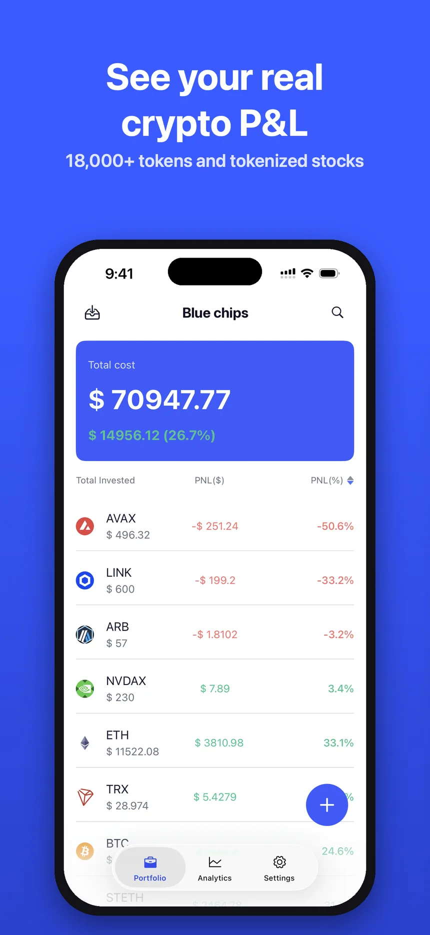See your real crypto P&L — 18,000+ tokens and tokenized stocks